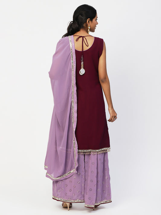 Wine & Purple Georgette Sharara Suit With Mirror And Stonework - PepaBai