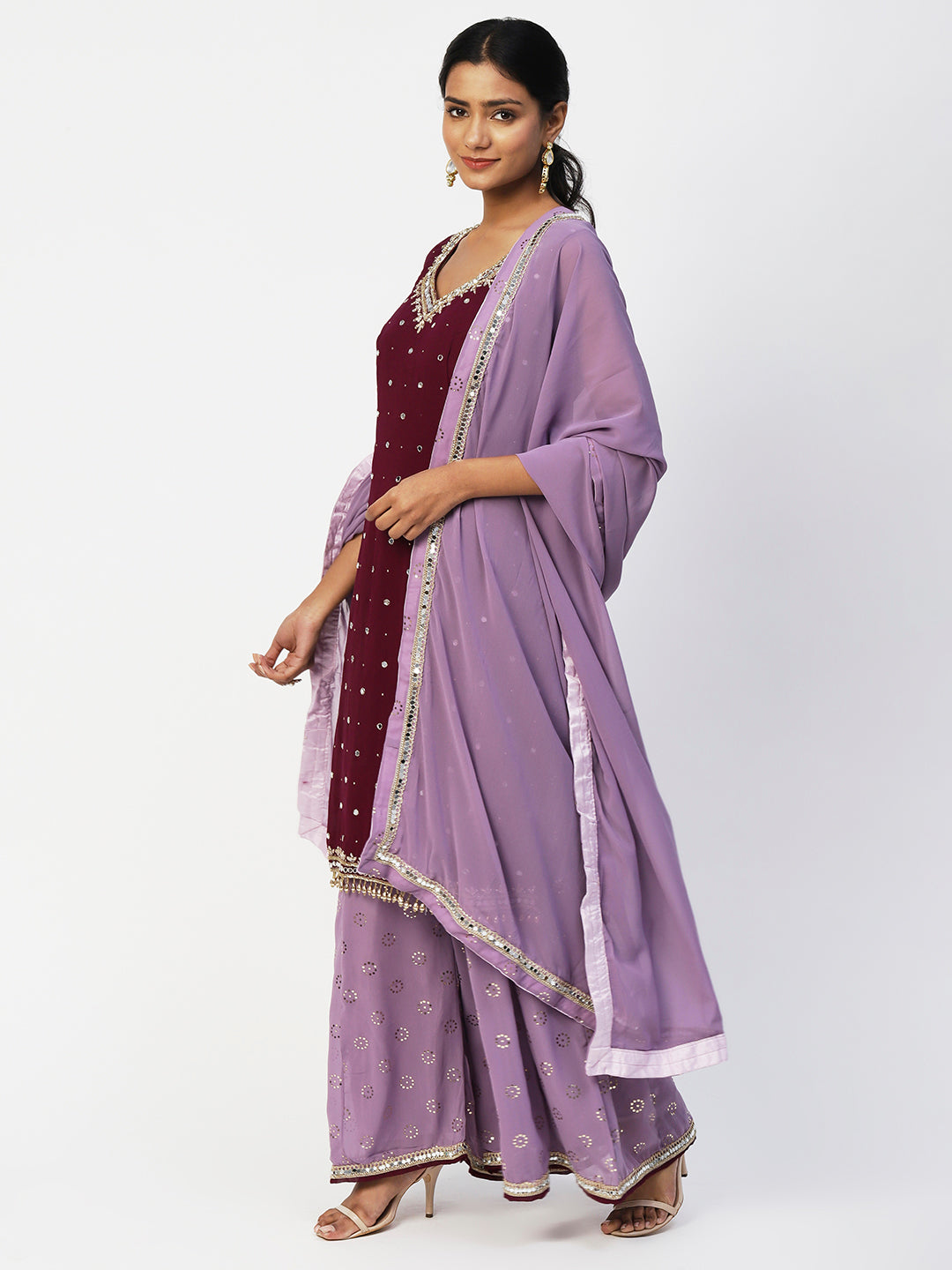 Wine & Purple Georgette Sharara Suit With Embroidery - PepaBai