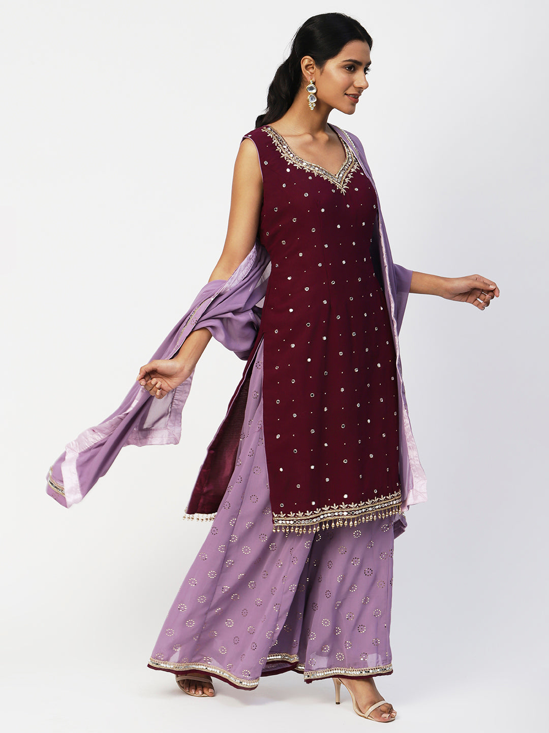 Wine & Purple Georgette Sharara Suit With Embroidery - PepaBai