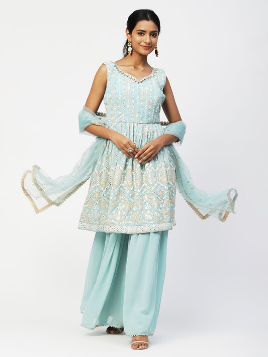 Pastel Blue Georgette Sharara Suit with Elegant White Embroidery - PepaBai