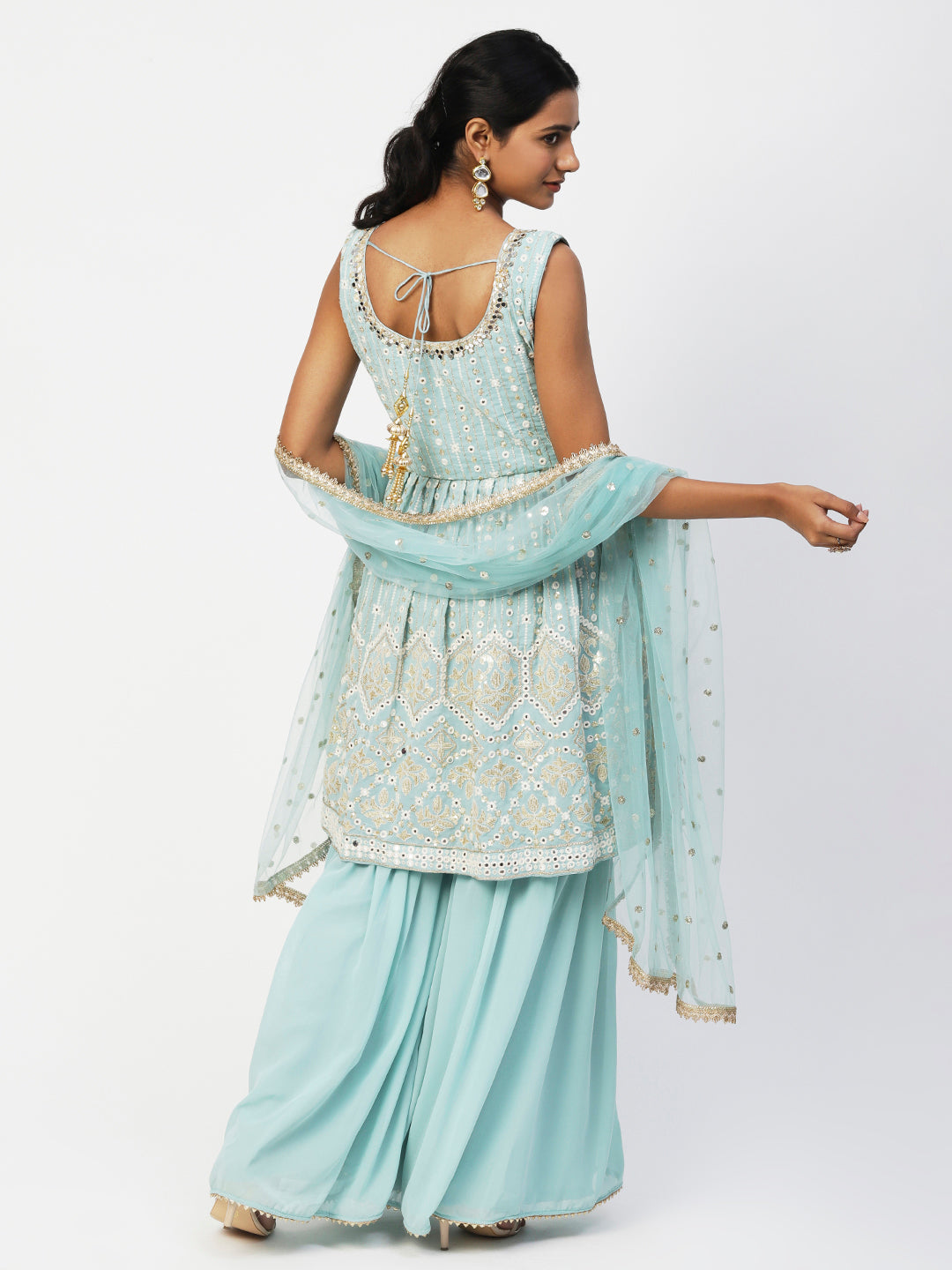 Pastel Blue Georgette Sharara Suit with Elegant White Embroidery - PepaBai