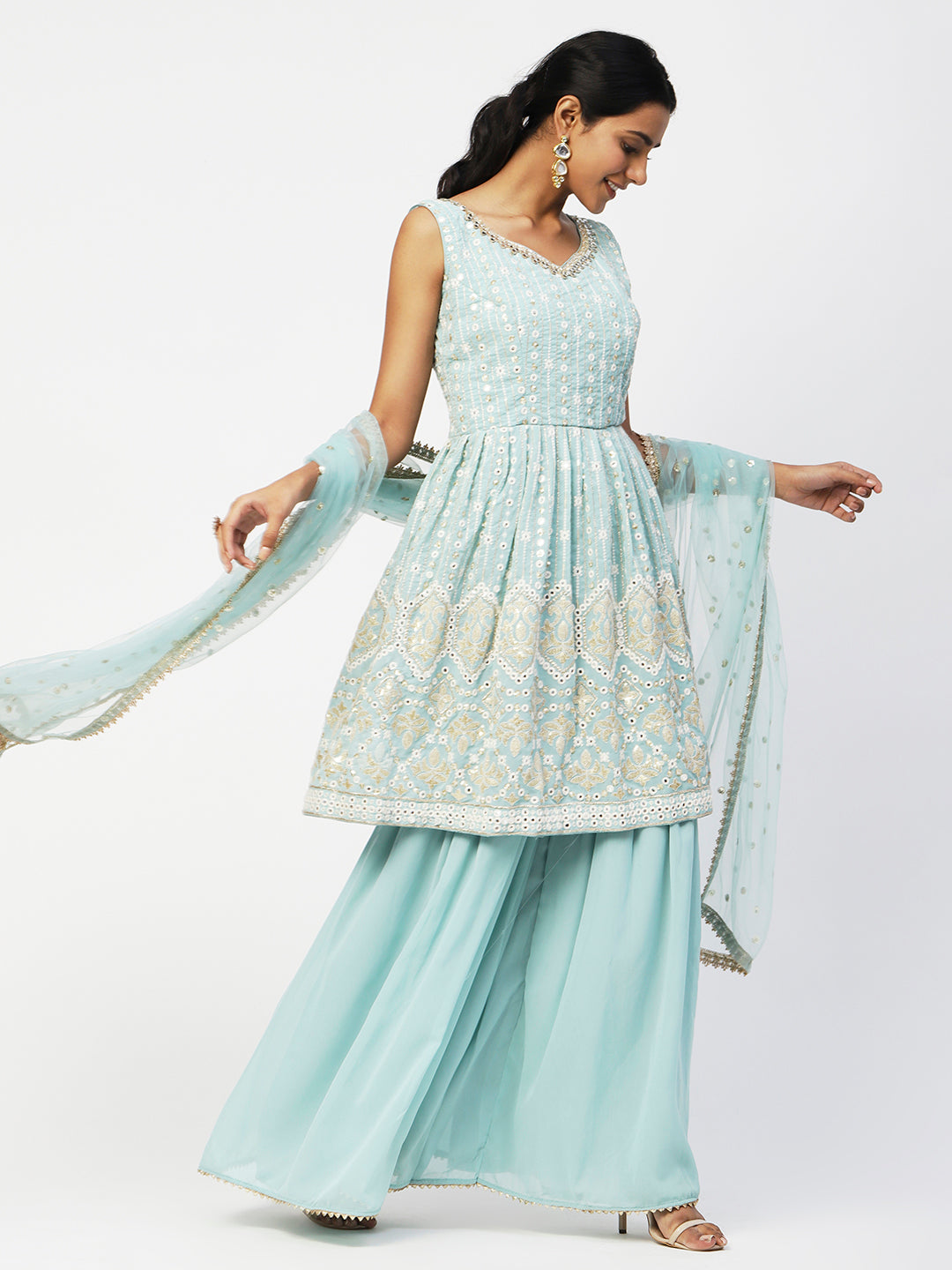 Pastel Blue Georgette Sharara Suit with Elegant White Embroidery - PepaBai