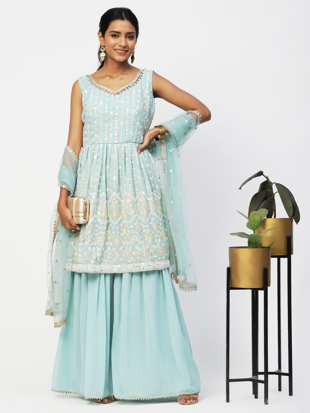 Pastel Blue Georgette Sharara Suit with Elegant White Embroidery - PepaBai