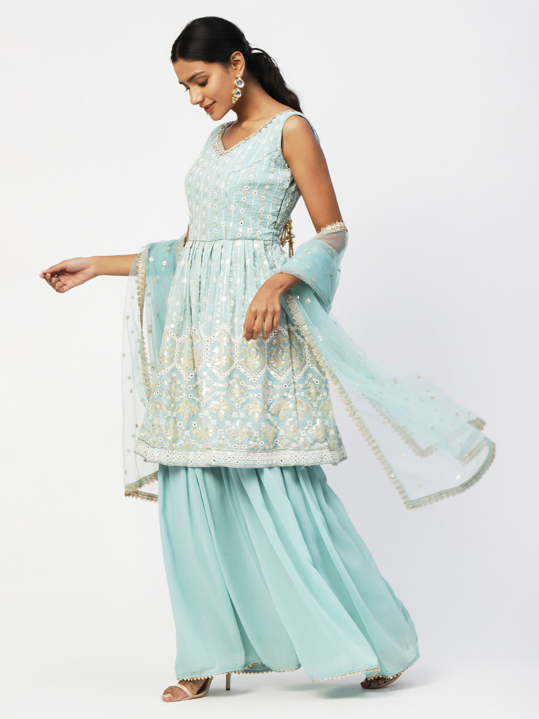 Pastel Blue Georgette Sharara Suit with Elegant White Embroidery - PepaBai