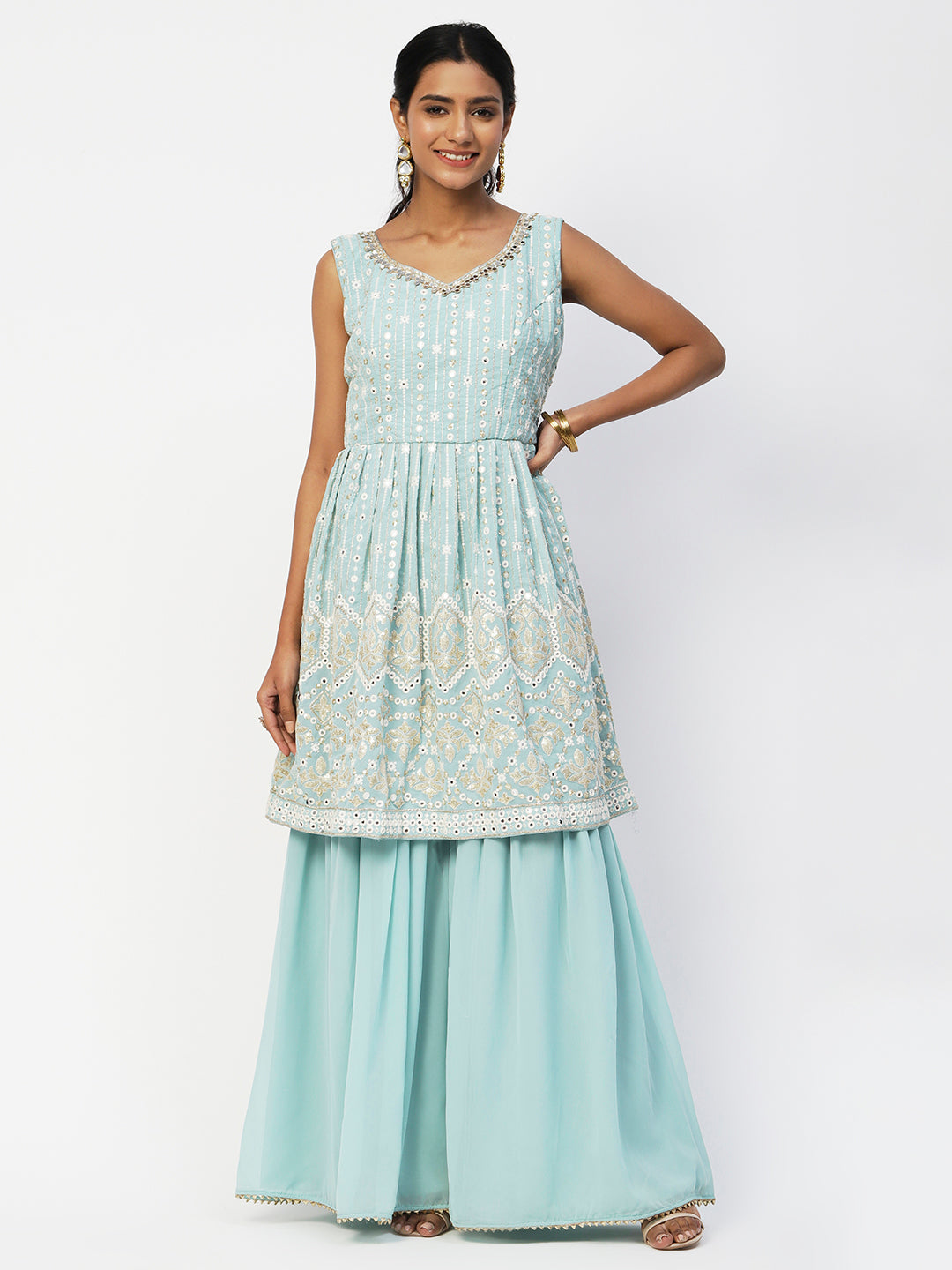 Pastel Blue Georgette Sharara Suit with Elegant White Embroidery - PepaBai