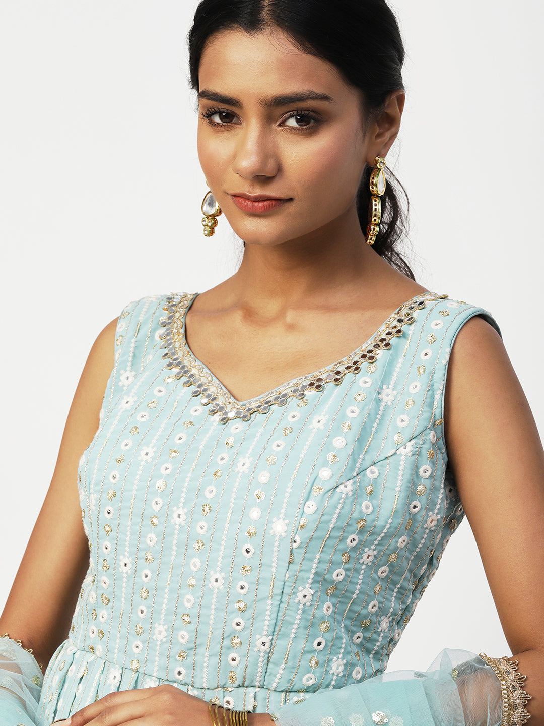 Pastel Blue Georgette Sharara Suit with Elegant White Embroidery - PepaBai