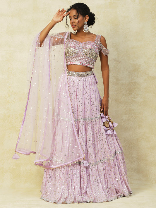 Purple Georgette Lehenga Adorned with Exquisite Embroidery - PepaBai