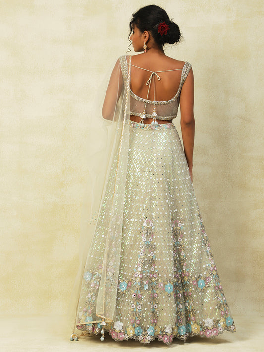 Pista Net Lehenga With Embroidery - PepaBai