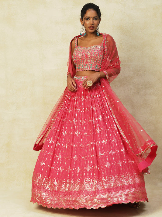 Pink Georgette Lehenga With Embroidery - PepaBai