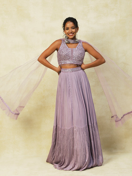 Purple Georgette Lehenga With Embroidery - PepaBai