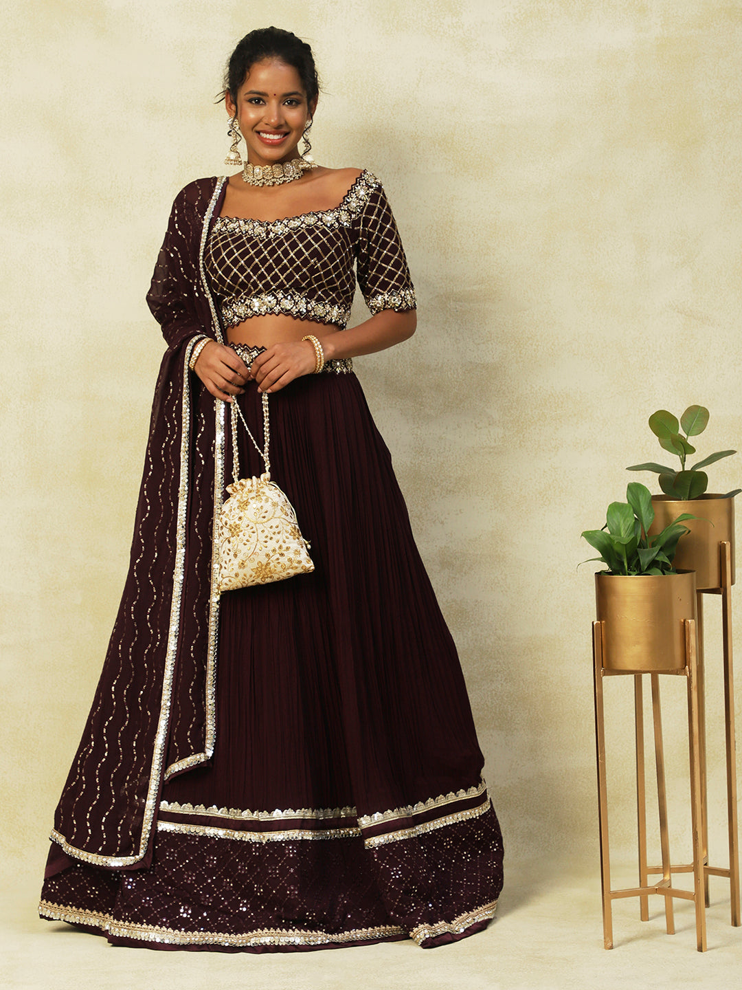 Wine Georgette Lehenga With Embroidery - PepaBai