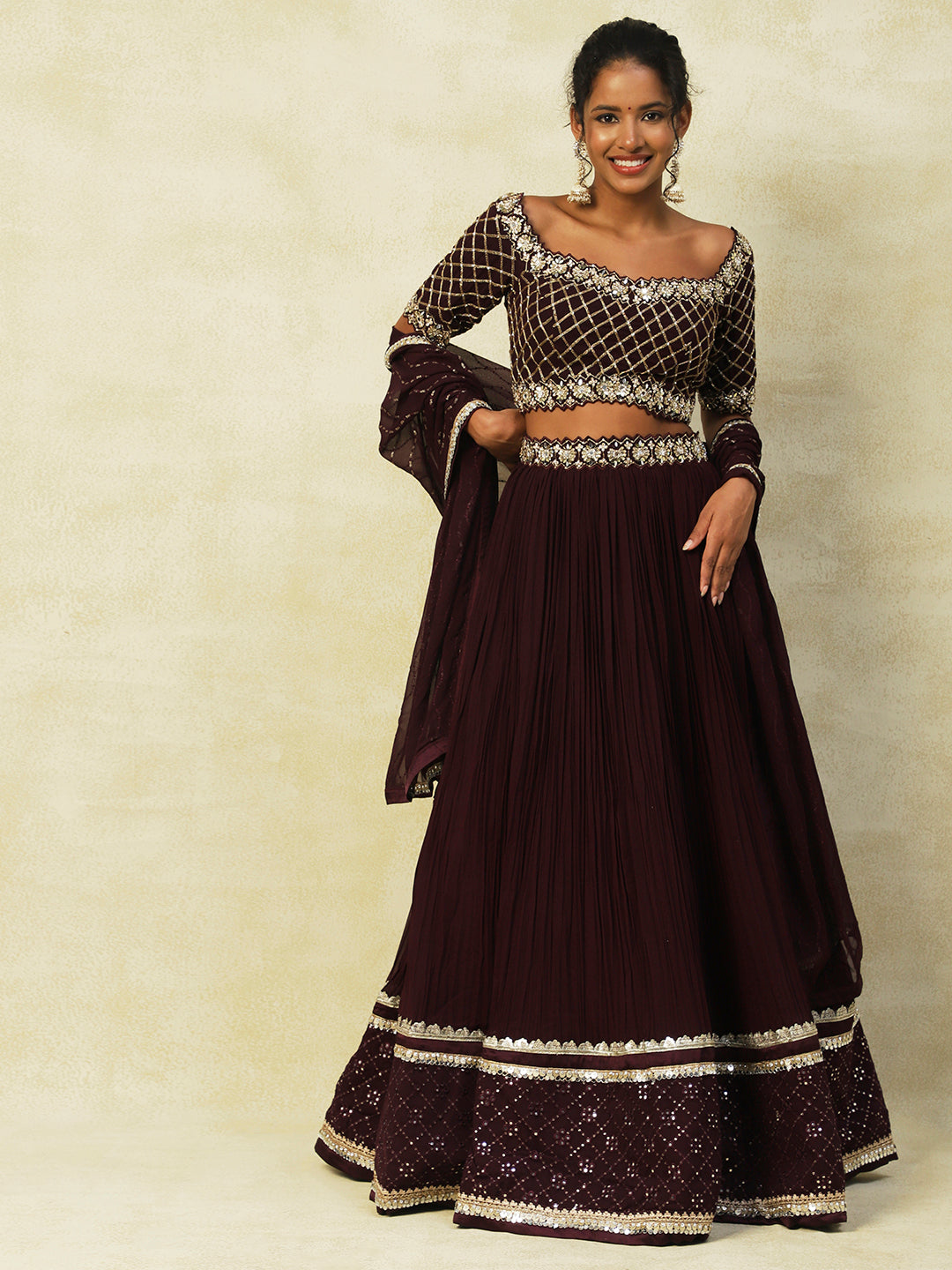 Wine Georgette Lehenga With Embroidery - PepaBai