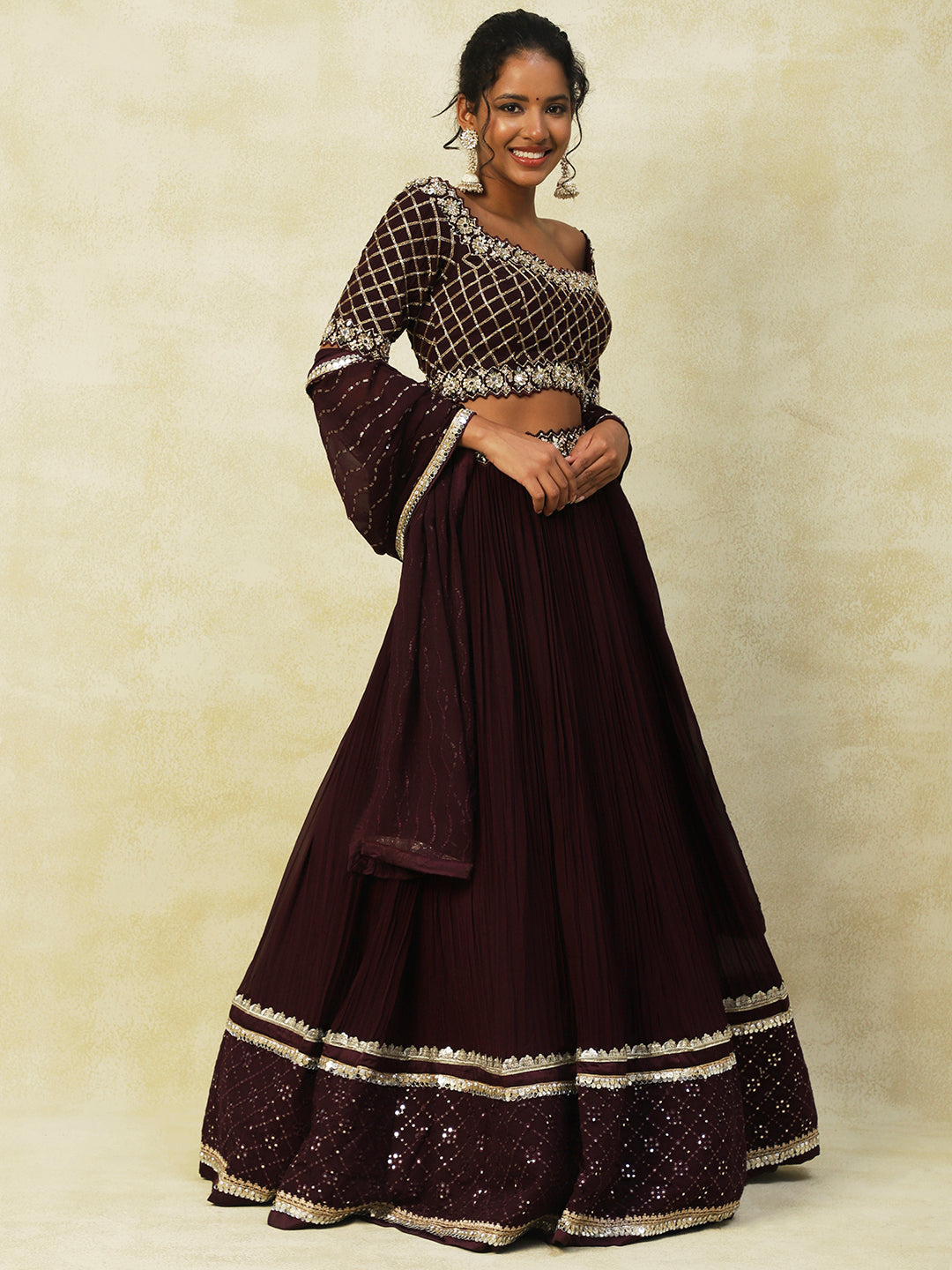 Wine Georgette Lehenga With Embroidery - PepaBai