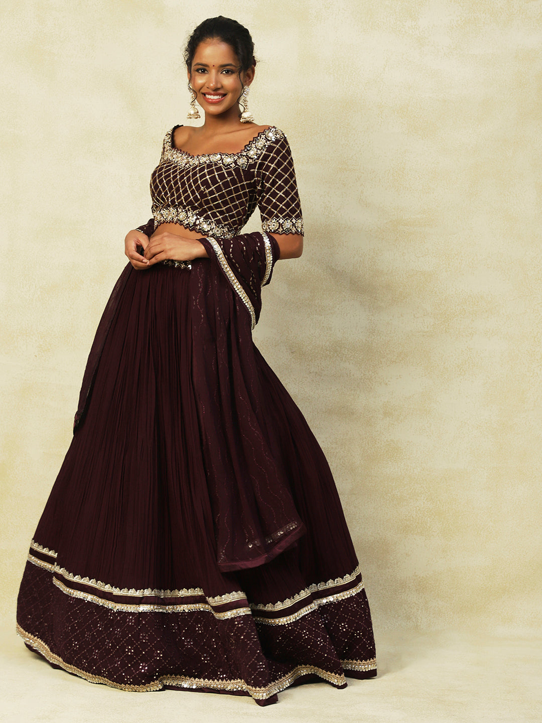 Wine Georgette Lehenga With Embroidery - PepaBai