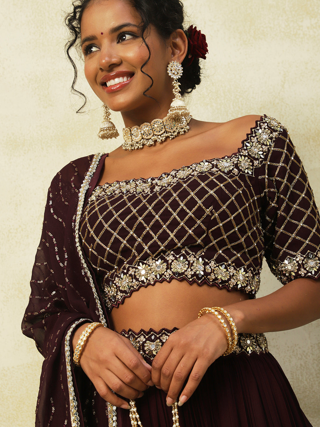 Wine Georgette Lehenga With Embroidery - PepaBai