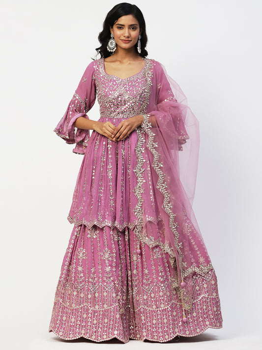 Onion Georgette Lehenga With Embroidery - PepaBai