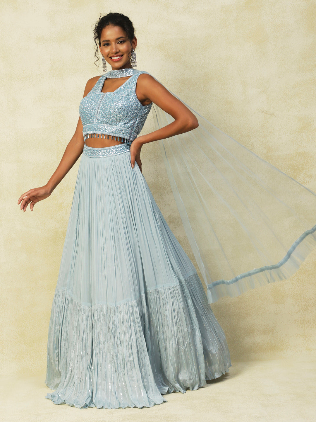 Light Blue Georgette Lehenga With Embroidery - PepaBai