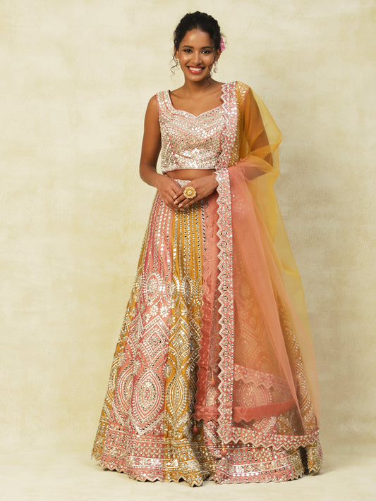 Pink & Yellow Silk Lehenga With Embroidery - PepaBai