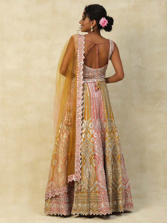 Pink & Yellow Silk Lehenga With Embroidery - PepaBai