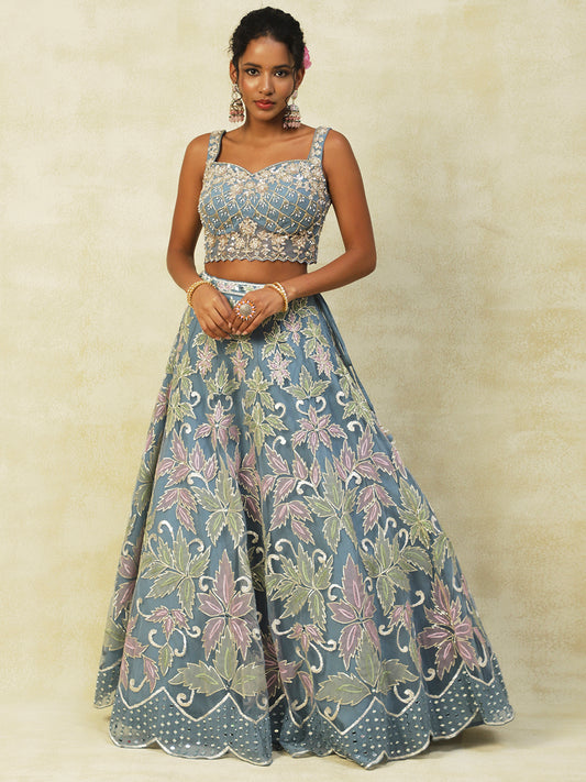 Ice Blue Net Lehenga With Embroidery - PepaBai