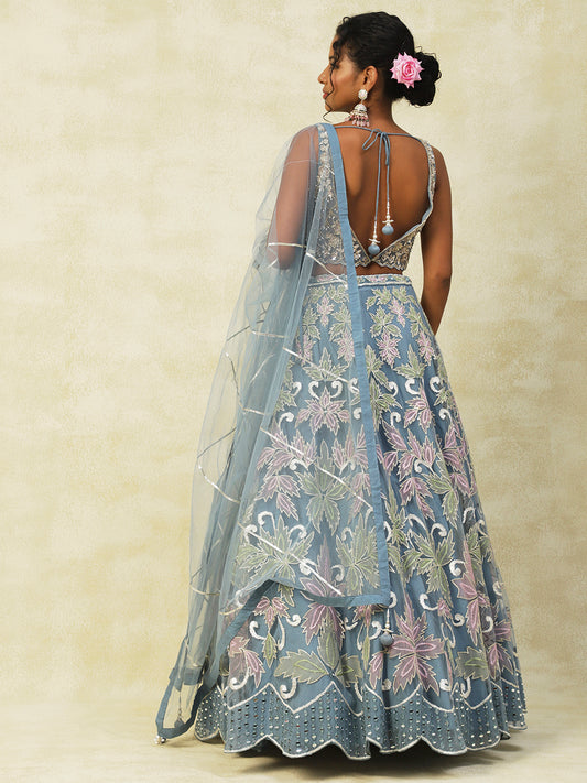 Ice Blue Net Lehenga With Embroidery - PepaBai