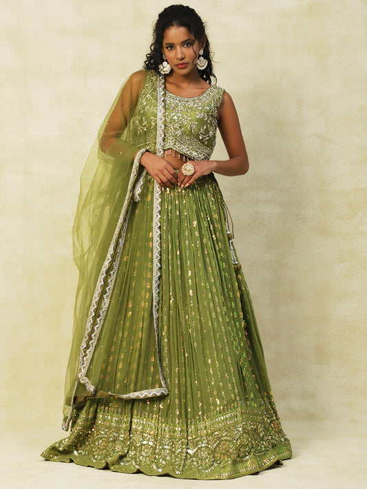 Mehndi Green Georgette Lehenga With Embroidery - PepaBai