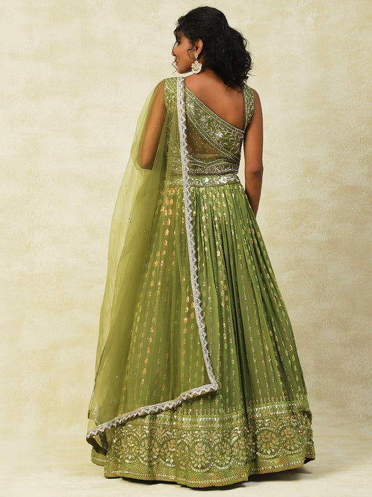 Mehndi Green Georgette Lehenga With Embroidery - PepaBai