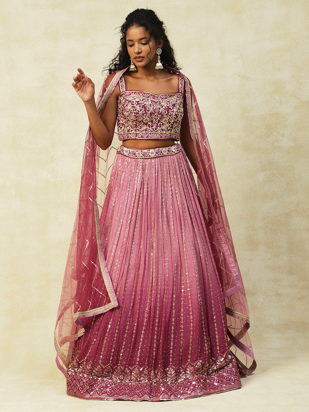 Onion-Pink Georgette Lehenga With Embroidery - PepaBai