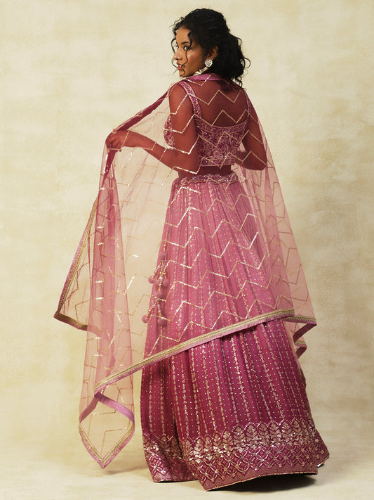 Onion-Pink Georgette Lehenga With Embroidery - PepaBai