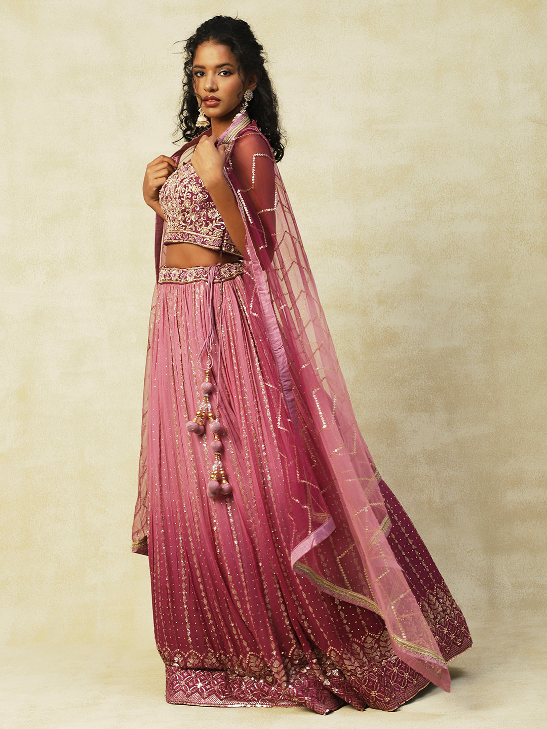 Onion-Pink Georgette Lehenga With Embroidery - PepaBai