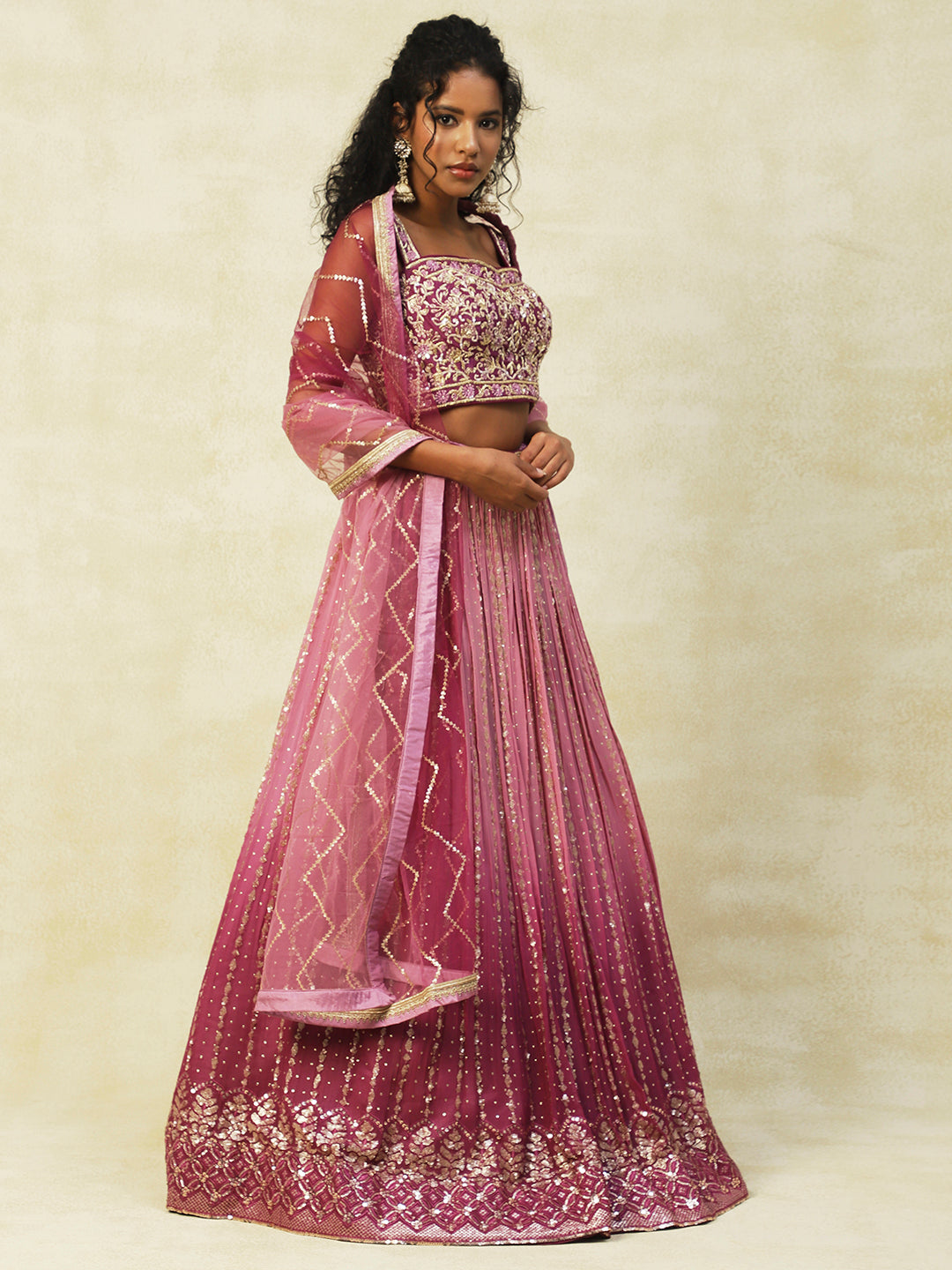 Onion-Pink Georgette Lehenga With Embroidery - PepaBai