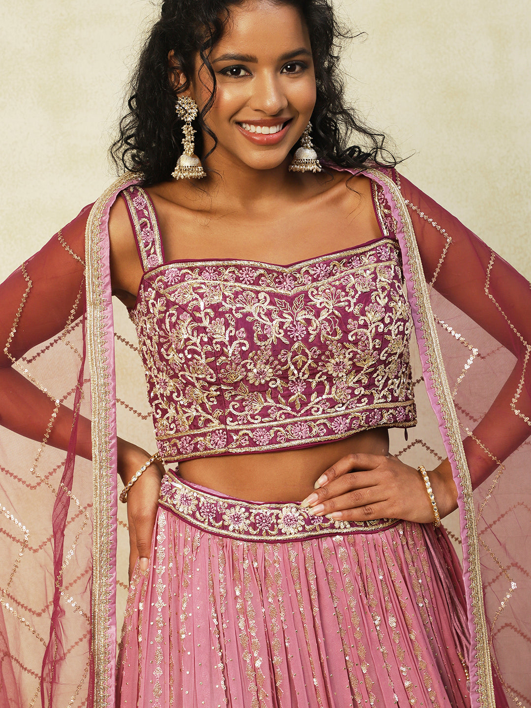 Onion-Pink Georgette Lehenga With Embroidery - PepaBai