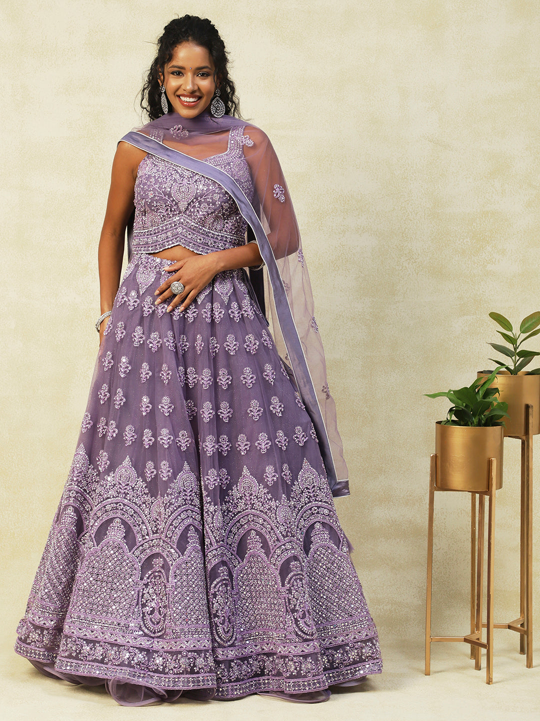 Purple Net Lehenga With Embroidery - PepaBai