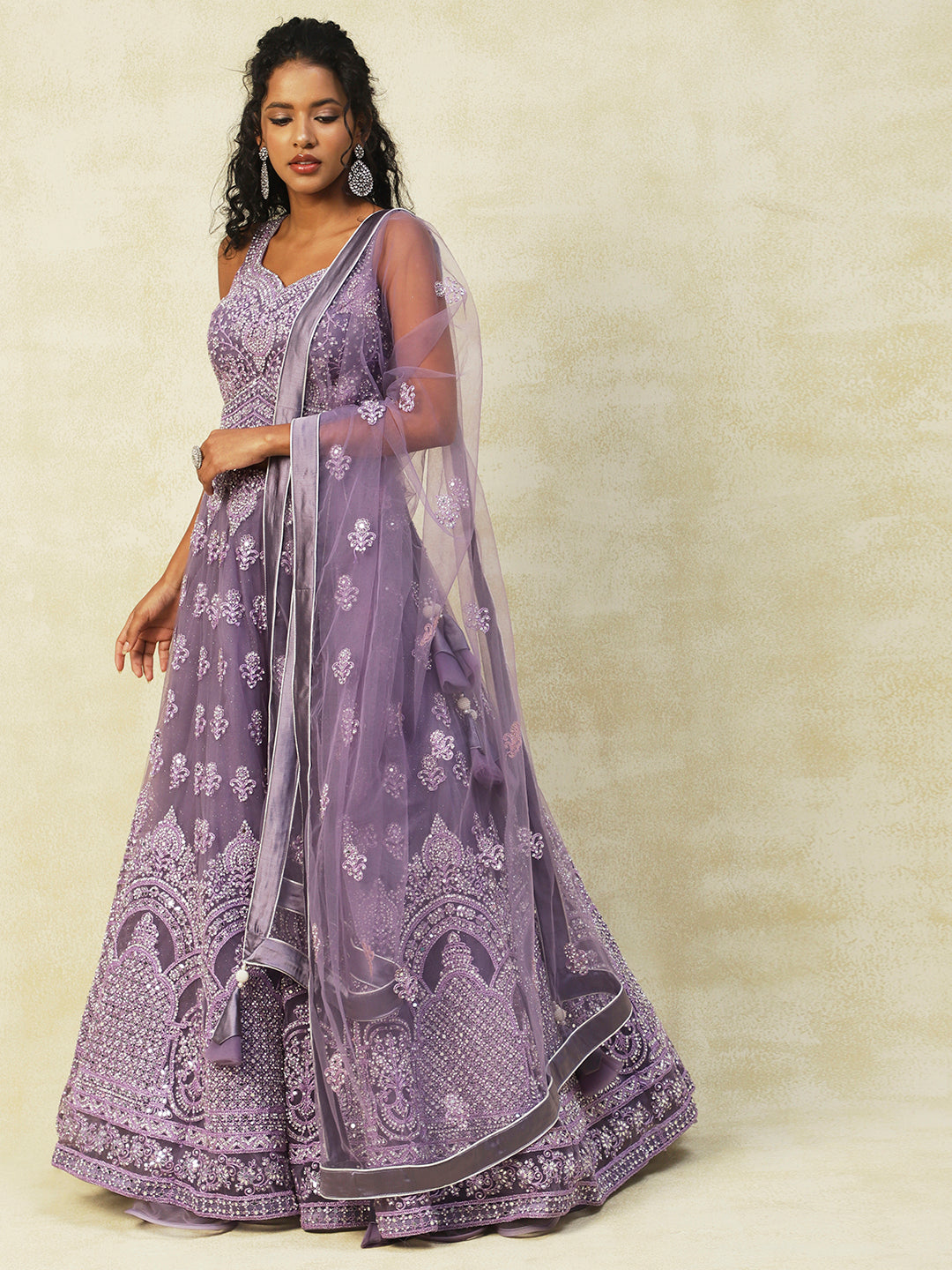 Purple Net Lehenga With Embroidery - PepaBai