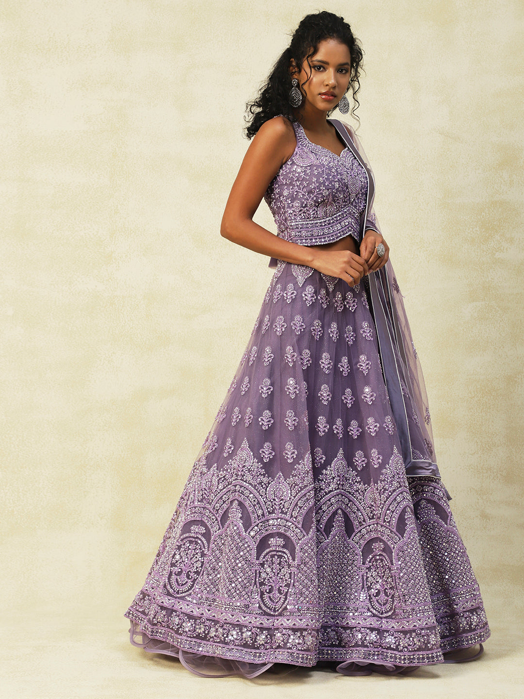 Purple Net Lehenga With Embroidery - PepaBai