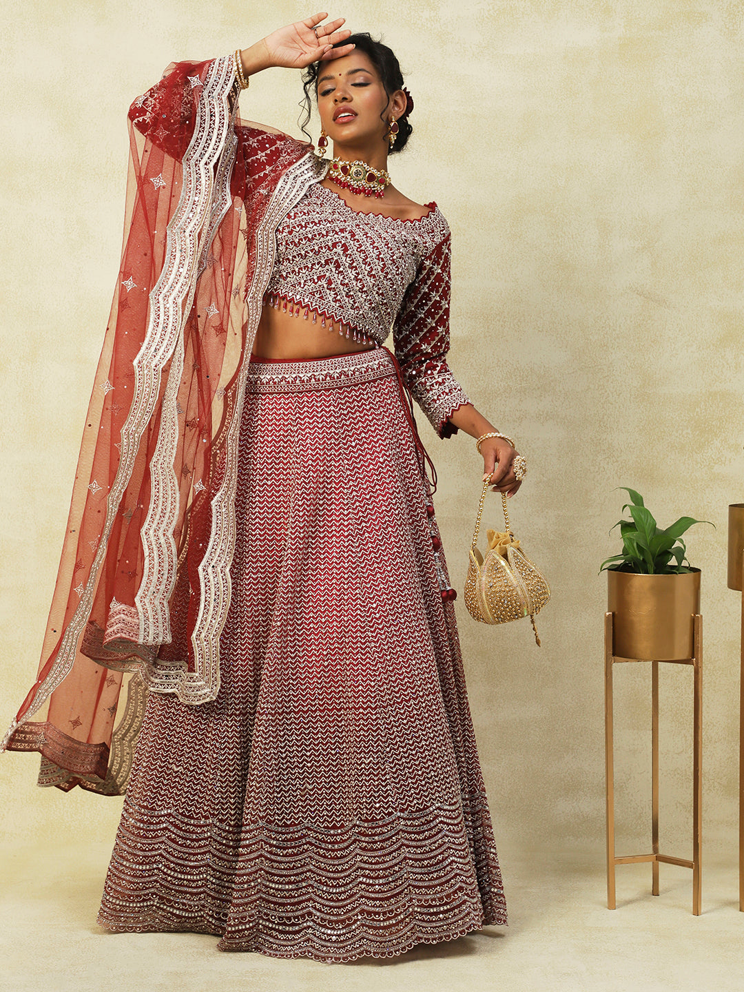 Maroon Georgette Lehenga With Silver Embroidery from PepaBai