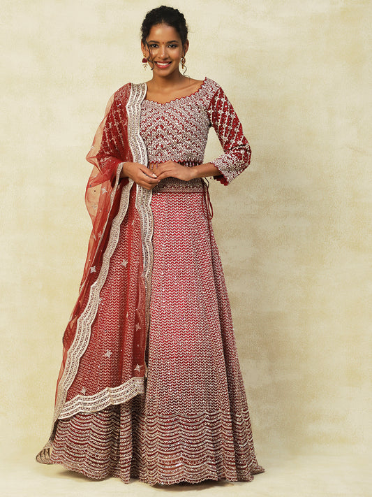 Maroon Georgette Lehenga With Silver Embroidery - PepaBai