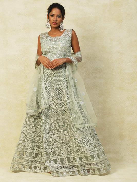 Grey Net Lehenga With Embroidery - PepaBai