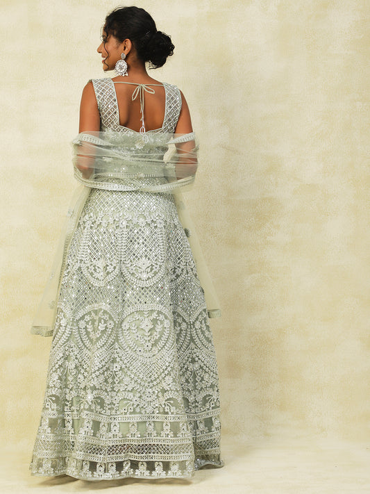 Grey Net Lehenga With Embroidery - PepaBai