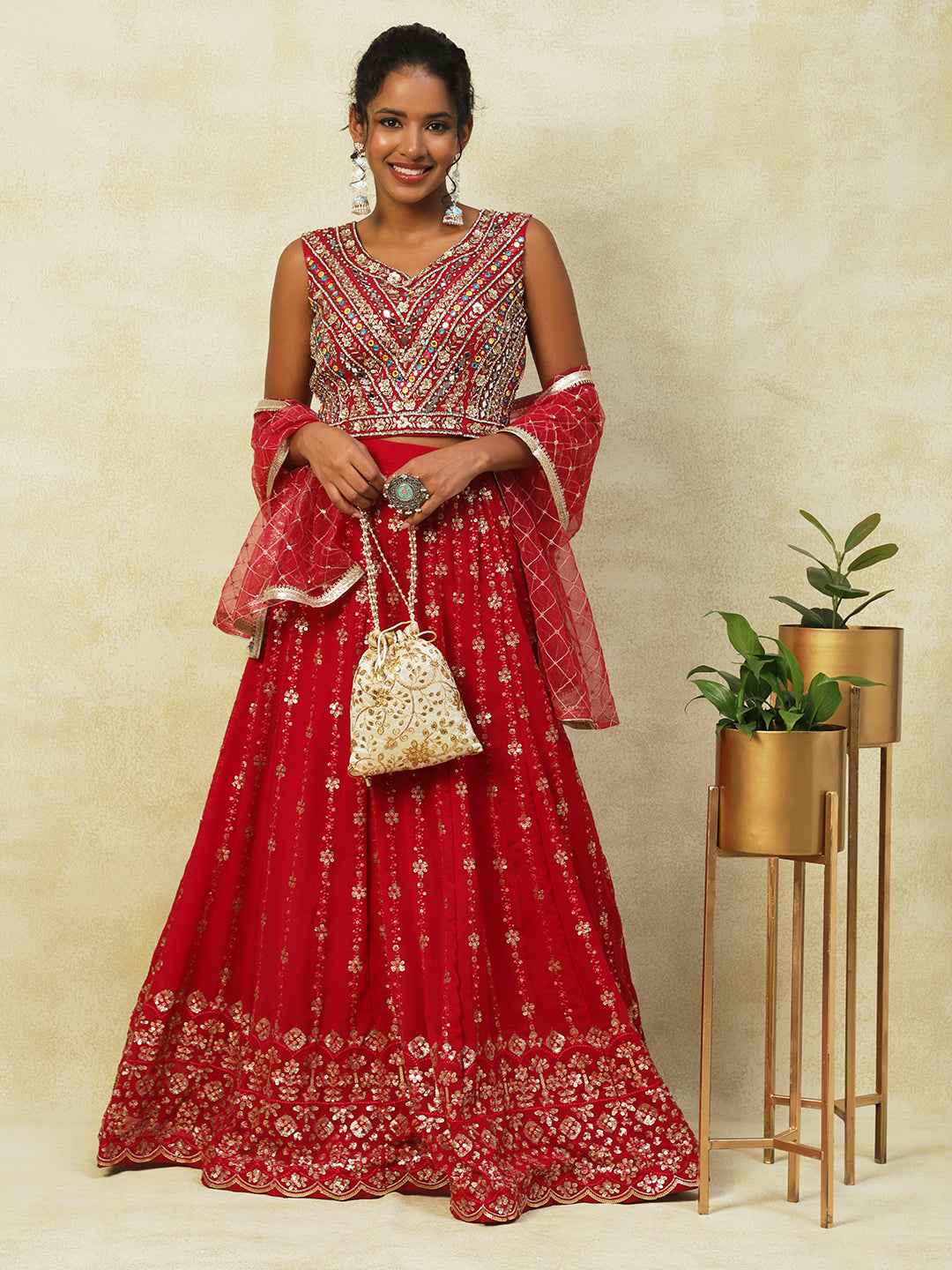 Red Net Lehenga With Embroidery - PepaBai