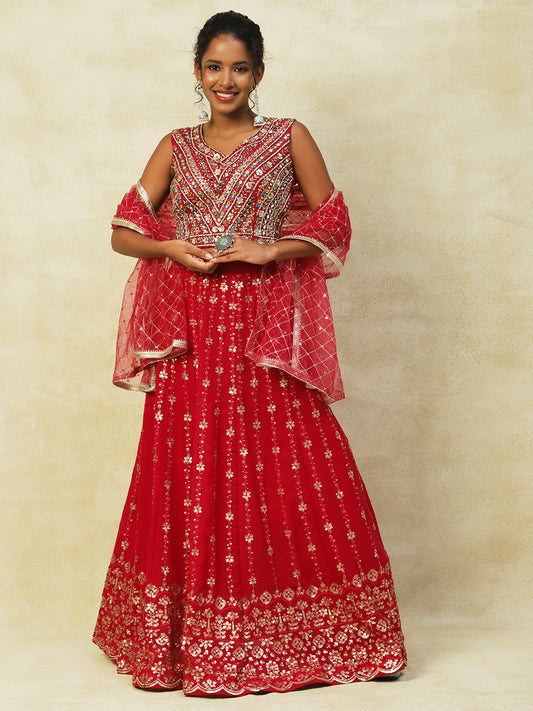 Red Net Lehenga With Embroidery - PepaBai