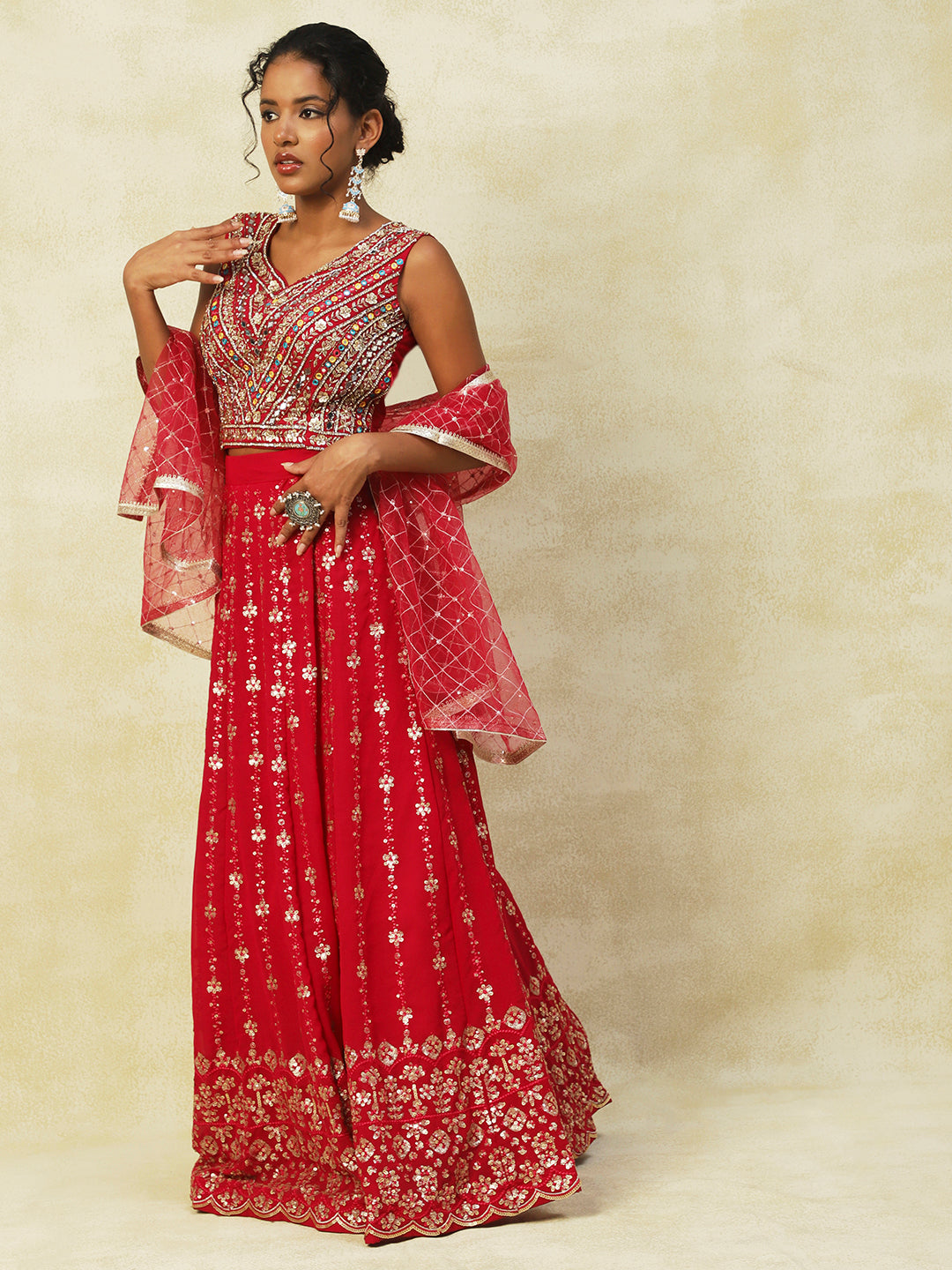 Red Net Lehenga With Embroidery - PepaBai