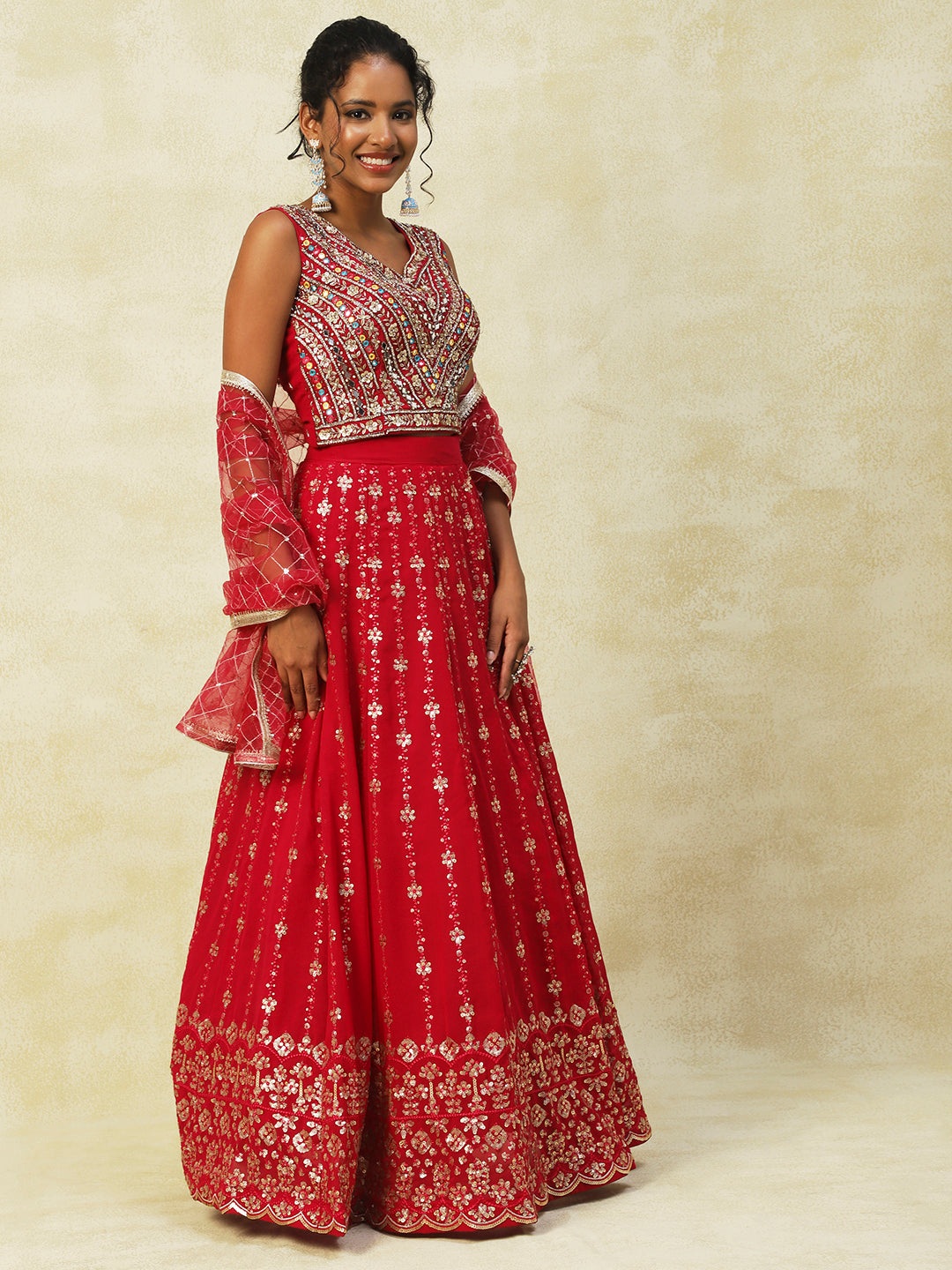 Red Net Lehenga With Embroidery - PepaBai