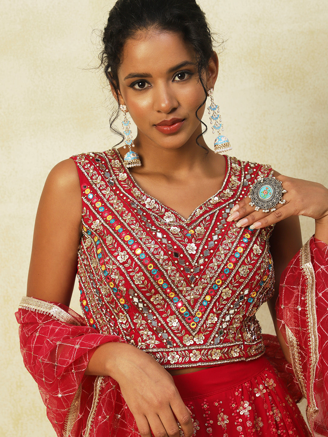 Red Net Lehenga With Embroidery - PepaBai