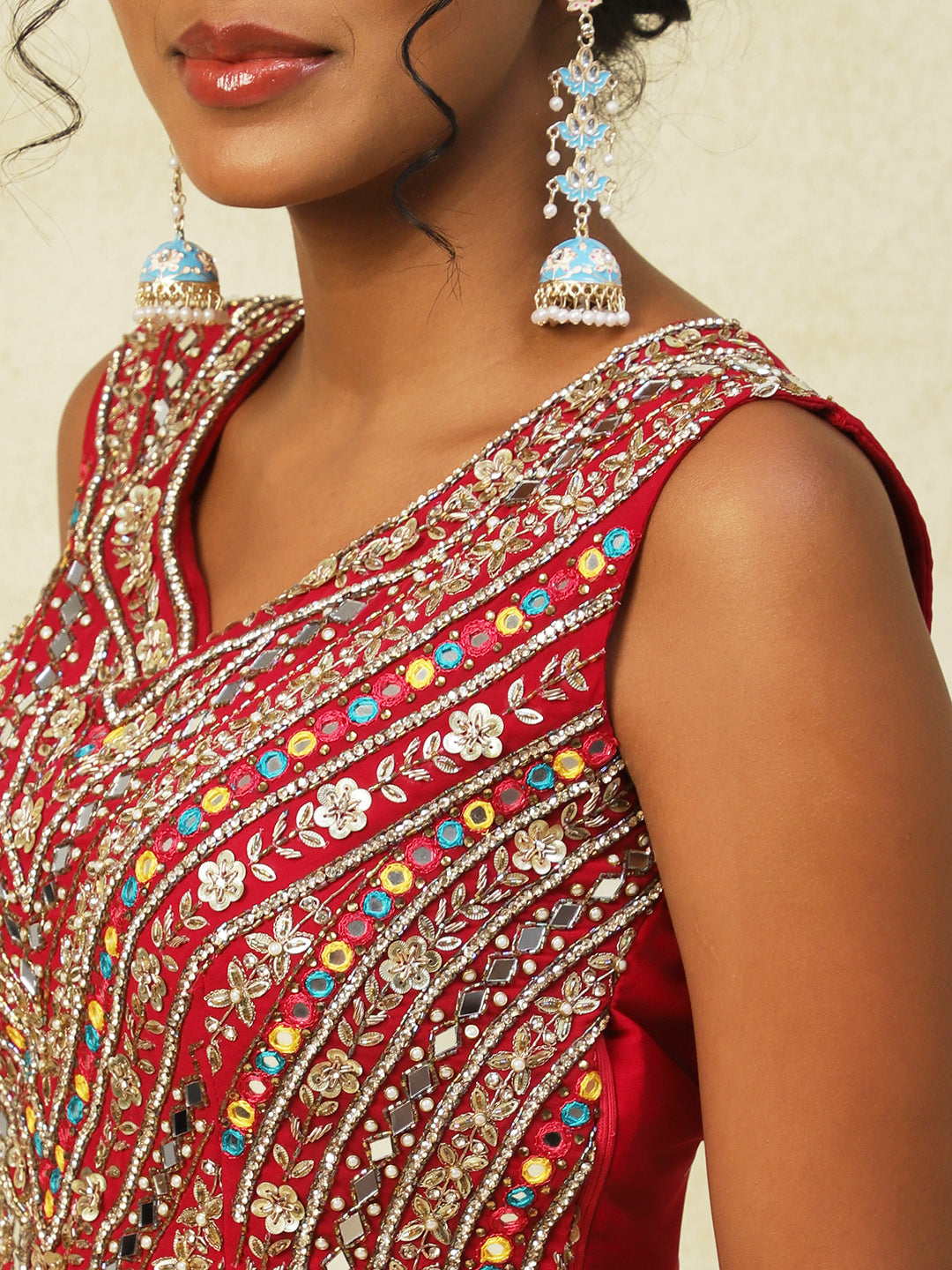 Red Net Lehenga With Embroidery - PepaBai