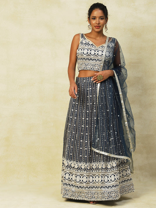 Navy Blue Georgette Lehenga With Embroidery - PepaBai