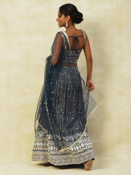 Navy Blue Georgette Lehenga With Embroidery - PepaBai