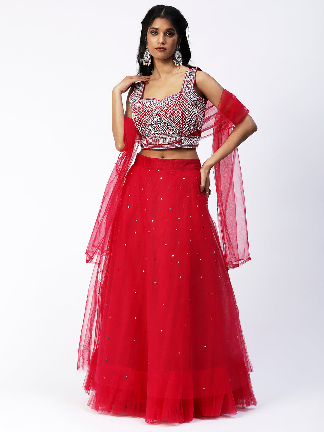 Red Georgette Lehenga with Beautiful Floral Embroidery - PepaBai