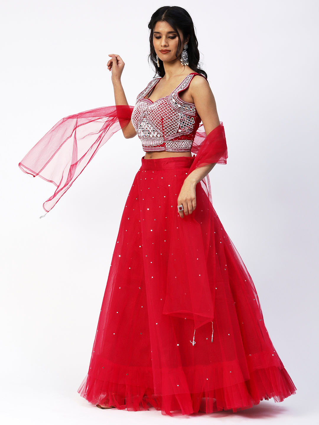 Red Georgette Lehenga with Beautiful Floral Embroidery - PepaBai