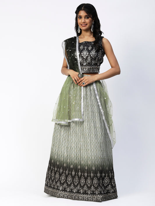 Green Georgette Lehenga With Embroidery - PepaBai